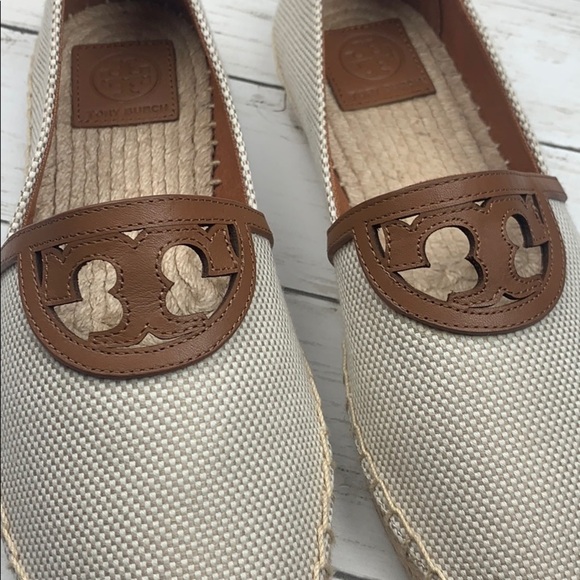 Tory Burch Sidney Flats Espadrille Slip On Logo Leather Brown Tan New 8 1/2 - Picture 5 of 5